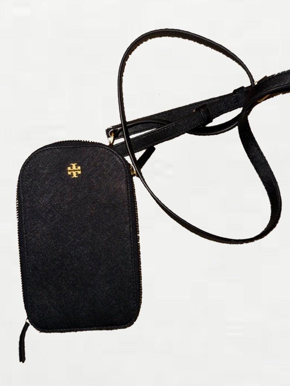 NWOT Tory Burch Black Leather Crossbody Phone Case with Gold Logo